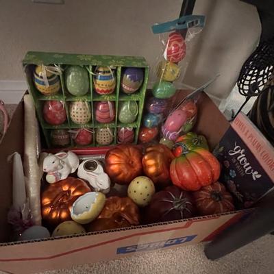 Box decorations, basket of eggs, tree