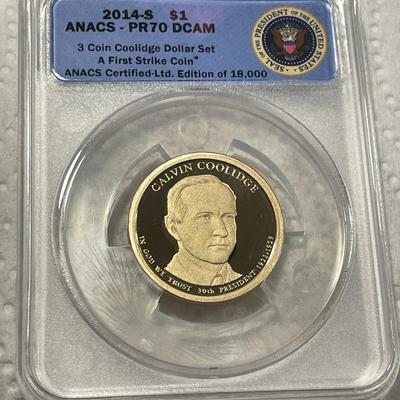 ANACS Certified 2014-S PROOF70 DEEP CAMEO CALVIN COOLIDGE Presidential Dollar Coin "First Strike" as Pictured. FREE DOMESTIC...