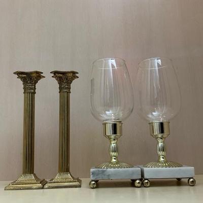 Two Pairs of Candle Holders Marble & Gold Toned