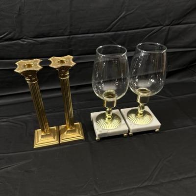 Two Pairs of Candle Holders Marble & Gold Toned