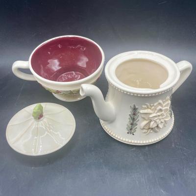 Grasslands Road 3 in 1 Porcelain Holiday Teapot Set, Off White with Holly