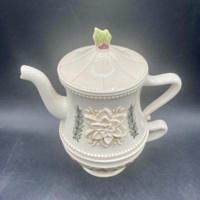 Grasslands Road 3 in 1 Porcelain Holiday Teapot Set, Off White with Holly