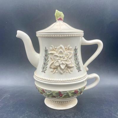 Grasslands Road 3 in 1 Porcelain Holiday Teapot Set, Off White with Holly