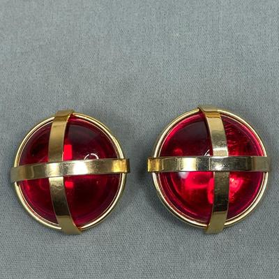 Huge vintage red glass clip earrings