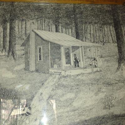 Collection of Art in Wooden Frames- Farm, Cabin, Outhouse