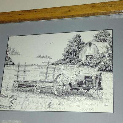 Collection of Art in Wooden Frames- Farm, Cabin, Outhouse