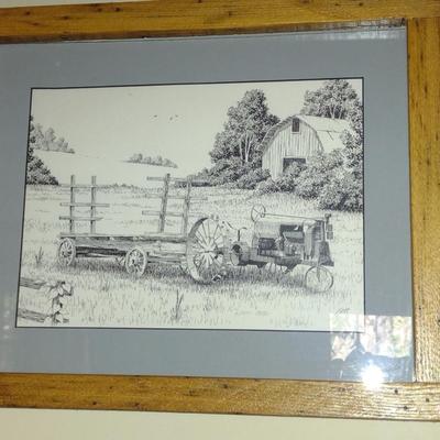 Collection of Art in Wooden Frames- Farm, Cabin, Outhouse