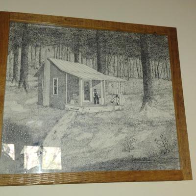 Collection of Art in Wooden Frames- Farm, Cabin, Outhouse