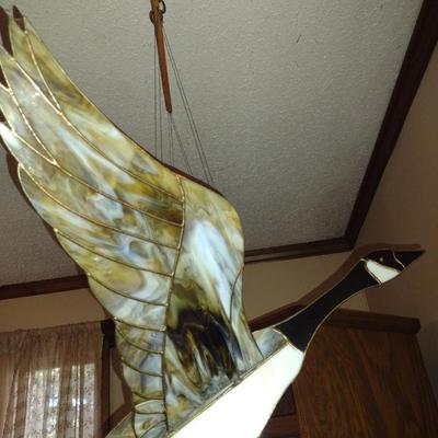 Stained Glass Goose in Flight Hanging Art Mobile- Approx 22" Wide, 35" Tall