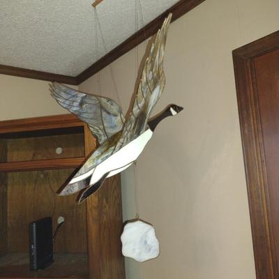 Stained Glass Goose in Flight Hanging Art Mobile- Approx 22" Wide, 35" Tall