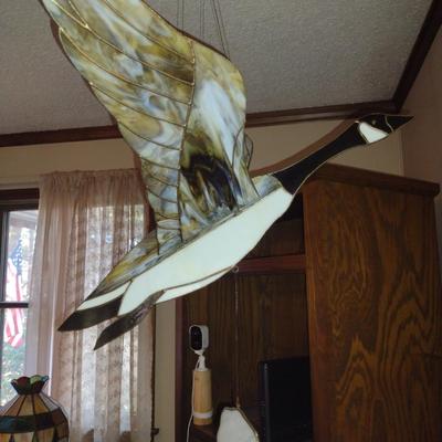 Stained Glass Goose in Flight Hanging Art Mobile- Approx 22" Wide, 35" Tall