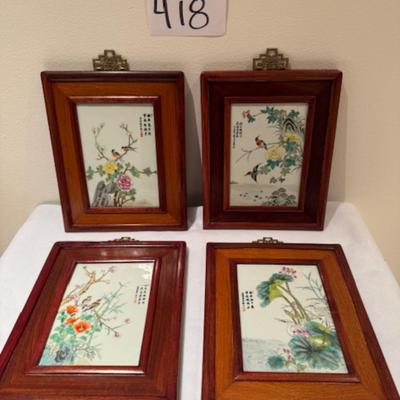 4 Similar Hand Painted Framed Tiles