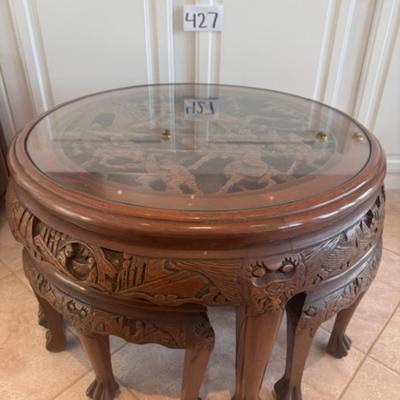 Carved Wooden Table with 4 Chairs