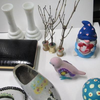 Assortment Of Home Decor Trinket Boxes Randall Milk Glass Vases Mask Candle Holders