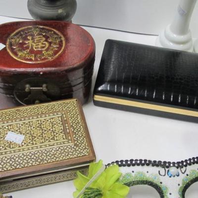 Assortment Of Home Decor Trinket Boxes Randall Milk Glass Vases Mask Candle Holders