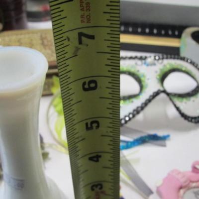 Assortment Of Home Decor Trinket Boxes Randall Milk Glass Vases Mask Candle Holders