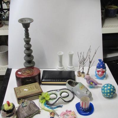 Assortment Of Home Decor Trinket Boxes Randall Milk Glass Vases Mask Candle Holders