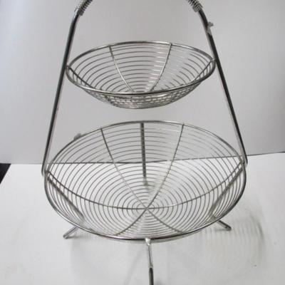 Metal 2 Tier Pastry Server & Pottery Barn Basket 2 Tier Silver Wire Fruit & Vegetable Basket Approx 19" Tall