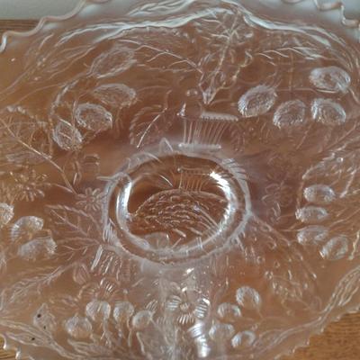 White Irridescent Glass Plate with Peacock and Urn Design- Possibly Fenton- Approx 9" in Diameter
