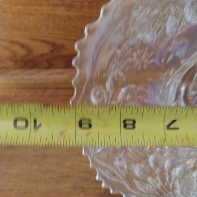 White Irridescent Glass Plate with Peacock and Urn Design- Possibly Fenton- Approx 9" in Diameter