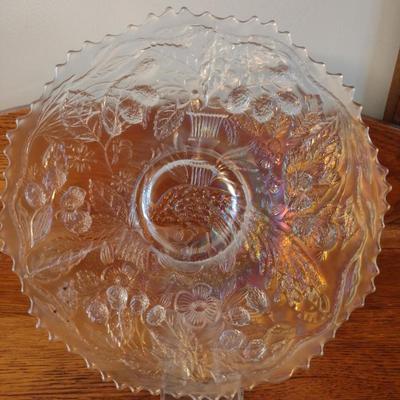 White Irridescent Glass Plate with Peacock and Urn Design- Possibly Fenton- Approx 9" in Diameter
