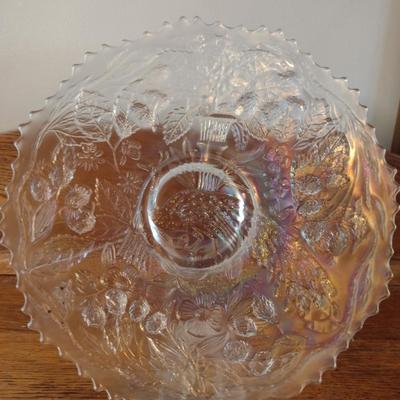 White Irridescent Glass Plate with Peacock and Urn Design- Possibly Fenton- Approx 9" in Diameter