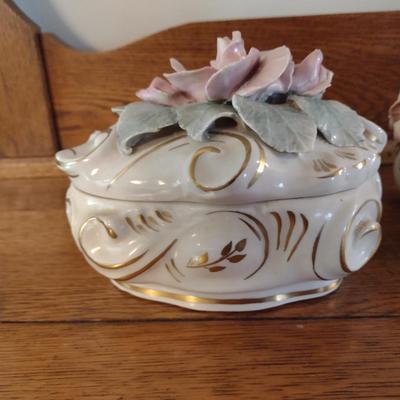Capodimonte Style Trinket Box and Vase- Rose Motif