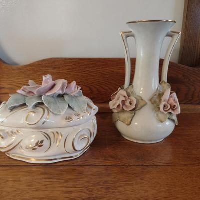 Capodimonte Style Trinket Box and Vase- Rose Motif