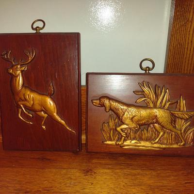 Wall Art- Brass on Wood- Deer and Hunting Dog Designs- Approx 7" x 10"