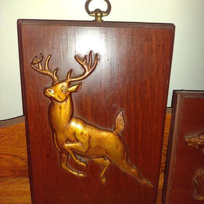 Wall Art- Brass on Wood- Deer and Hunting Dog Designs- Approx 7" x 10"