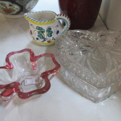 Greek Ashtray Imari Ware Bowl Clear Glass Heart Trinket Dish 4 Leaf Clover Candy Dish Vintage Marigold Depressing Glass Iris &...