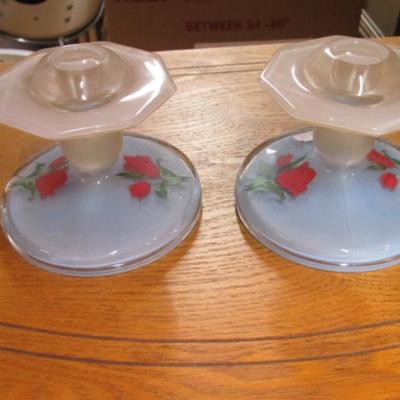 Vintage Pressed Glass Floral Candle Holders Approx 4" Tall