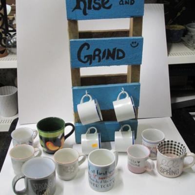 Hand Made Rise & Grind Mug Holder With An Assortment Of Mugs