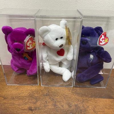 3 Ty Beanie Babies - Valentino, Millenium The Bear, Princess Diana in display boxes