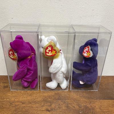 3 Ty Beanie Babies - Valentino, Millenium The Bear, Princess Diana in display boxes