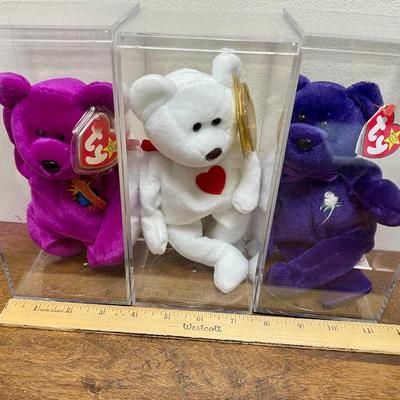 3 Ty Beanie Babies - Valentino, Millenium The Bear, Princess Diana in display boxes