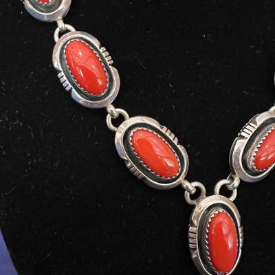 Vintage Navajo Wilson Padilla Sterling Silver & Coral Necklace
