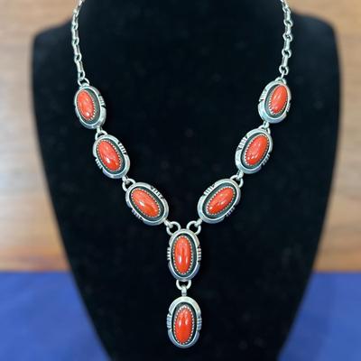Vintage Navajo Wilson Padilla Sterling Silver & Coral Necklace