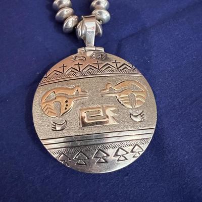 Vintage Native American Turquoise Silver Reversable Pendant Necklace