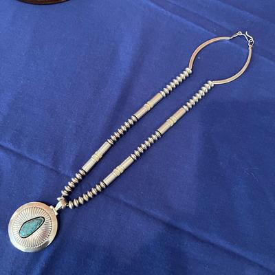 Vintage Native American Turquoise Silver Reversable Pendant Necklace