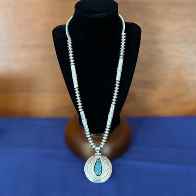 Vintage Native American Turquoise Silver Reversable Pendant Necklace