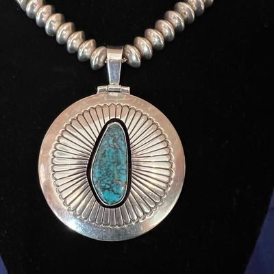 Vintage Native American Turquoise Silver Reversable Pendant Necklace