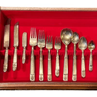 Vintage 143 Pc Set of VU Brass Flatware In Original Carved Wood Box