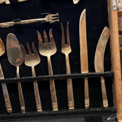 Vintage 143 Pc Set of VU Brass Flatware In Original Carved Wood Box