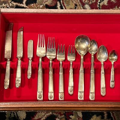 Vintage 143 Pc Set of VU Brass Flatware In Original Carved Wood Box
