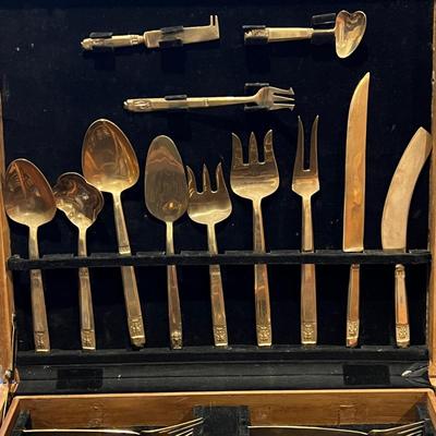 Vintage 143 Pc Set of VU Brass Flatware In Original Carved Wood Box