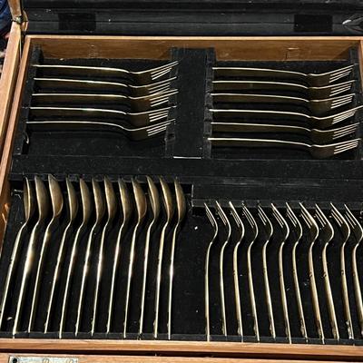 Vintage 143 Pc Set of VU Brass Flatware In Original Carved Wood Box