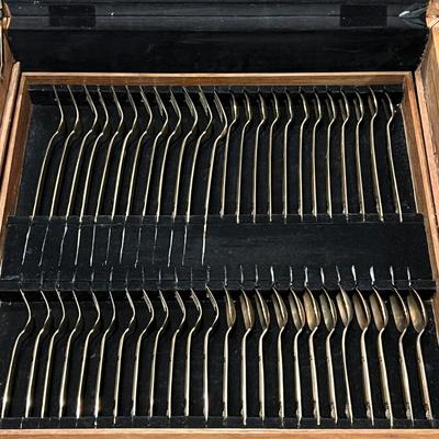 Vintage 143 Pc Set of VU Brass Flatware In Original Carved Wood Box