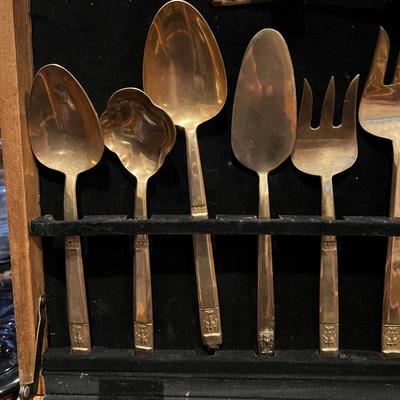 Vintage 143 Pc Set of VU Brass Flatware In Original Carved Wood Box