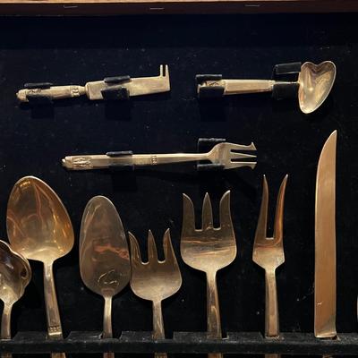 Vintage 143 Pc Set of VU Brass Flatware In Original Carved Wood Box